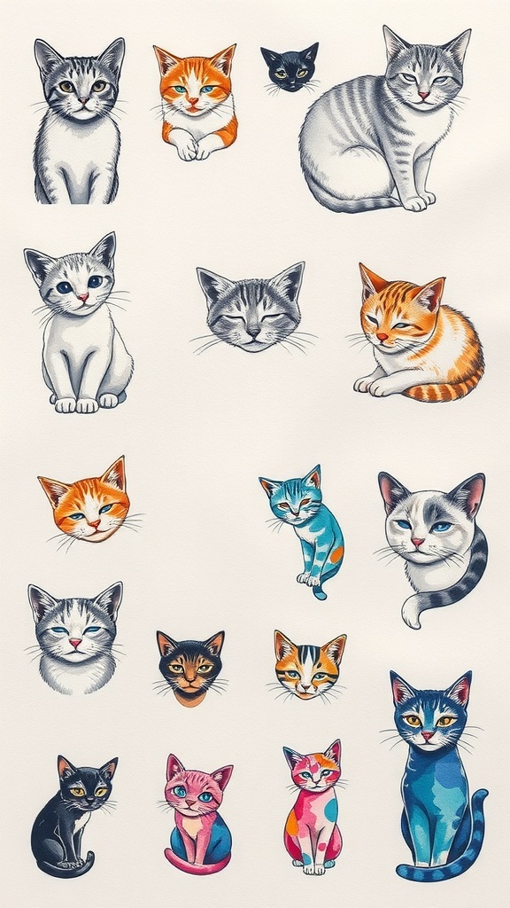 A variety of cat tattoo designs including realistic, minimalist, and watercolor styles.